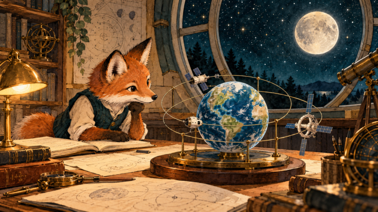 A watercolor fox studies a model of Earth and symbolic spacecraft at an observatory, with the Moon beyond the window.
