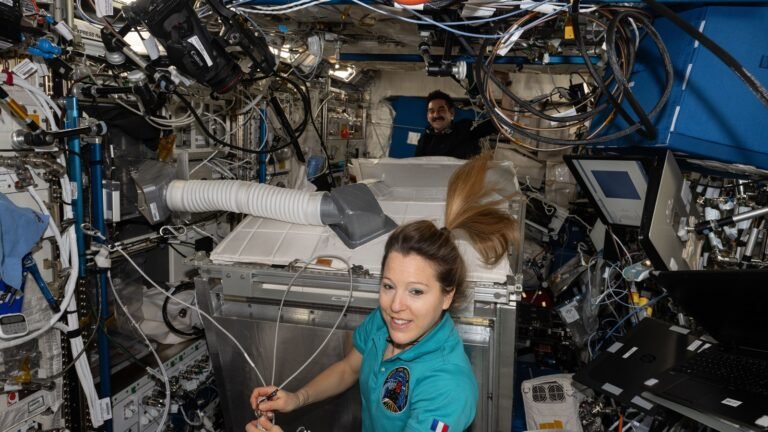 ESA’s Sophie Adenot and NASA’s Jack Hathaway inside the existing Columbus laboratory, shown as context for Europe’s astronaut launch plan.