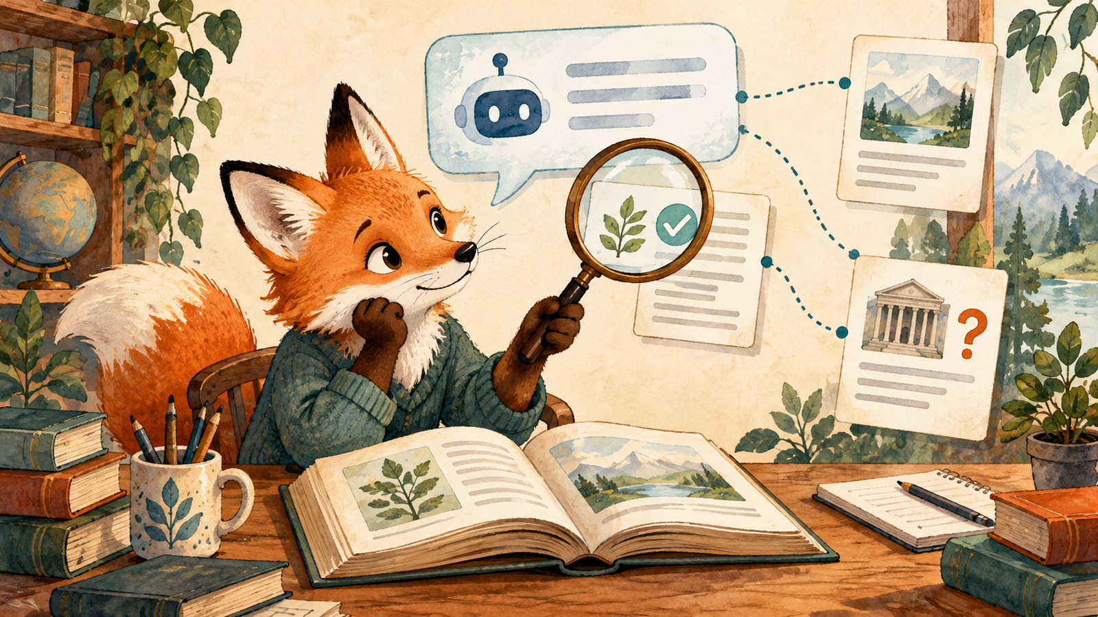 An illustrated fox compares an AI answer with reference documents using a magnifying glass.