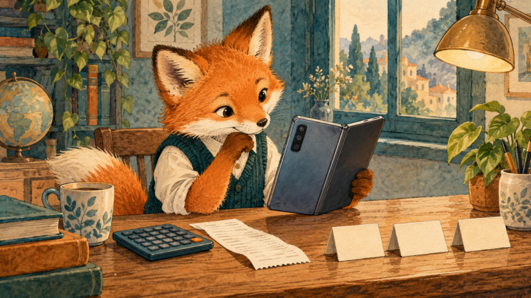 A watercolor fox examines a generic folding phone beside a calculator and receipt.