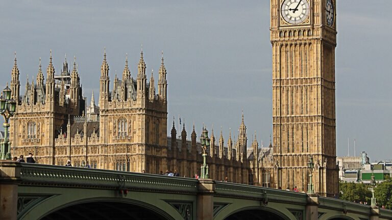 Elizabeth Tower and Westminster Bridge in London, photographed in September 2013.